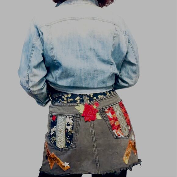 Women's Cotton On Black Denim Mini Skirt , Reworked, skulls, stars, patches pins - Picture 4 of 8